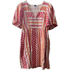 Old Navy Dress S Pink Orange White Boho Aztec Embroidered Short Sleeve